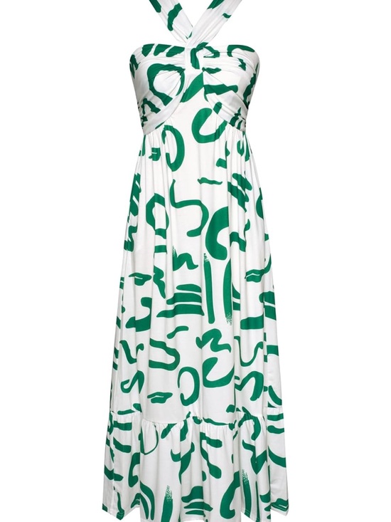 Grace Karin Dresses & Skirts - Grace Karin White Maxi Dress with Green Abstract Print